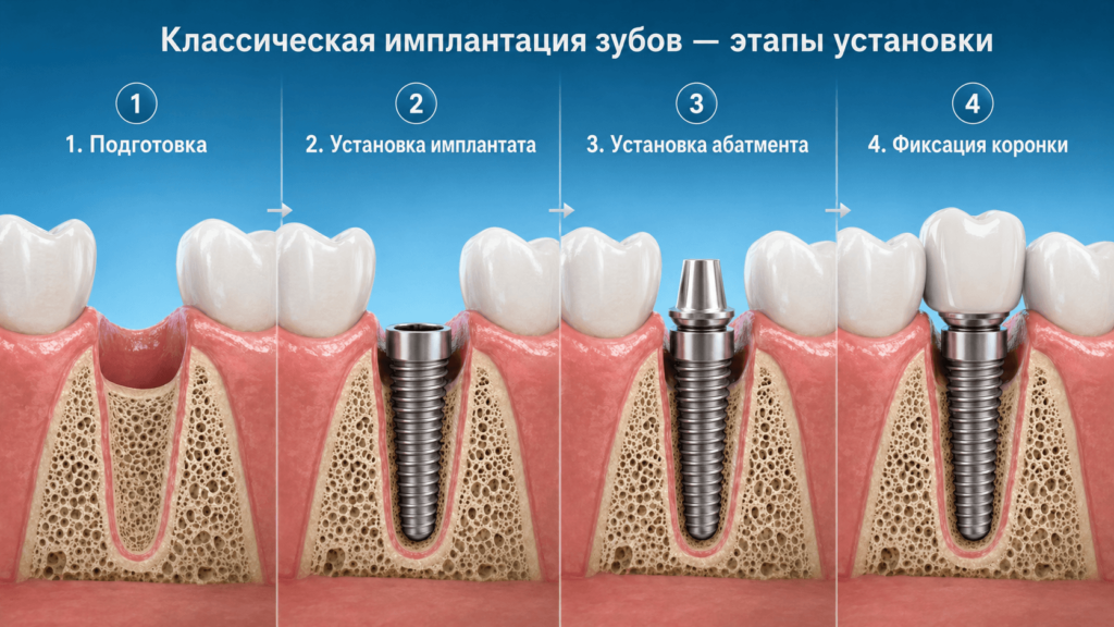 Классическая имплантация зубов — этапы установки 
